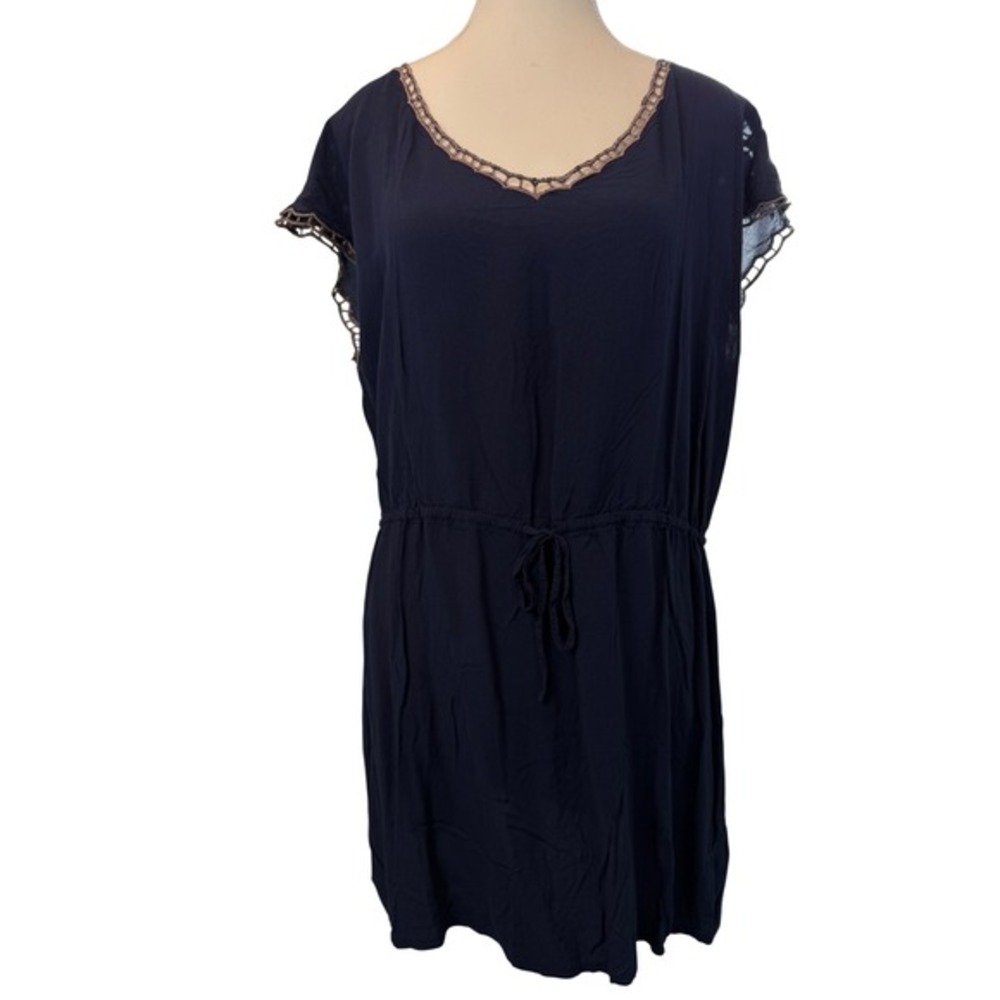 Umgee Large Navy Blue Crochet Lace Back Mini Dress Drawstring Boho Casual